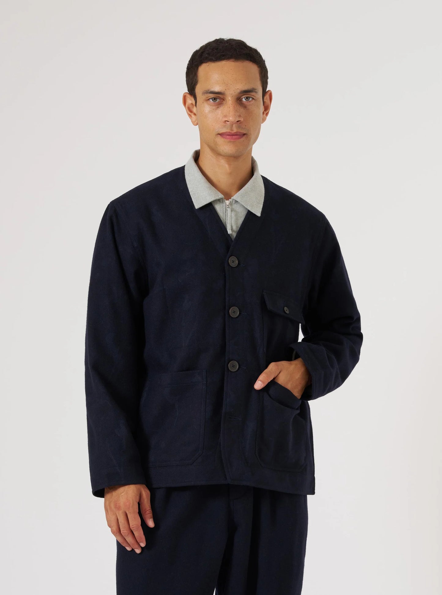 Universal Works Navy Flower Print Flannel Cabin Jacket