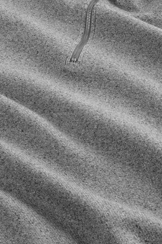 Close-up of gray fleece fabric with a zipper