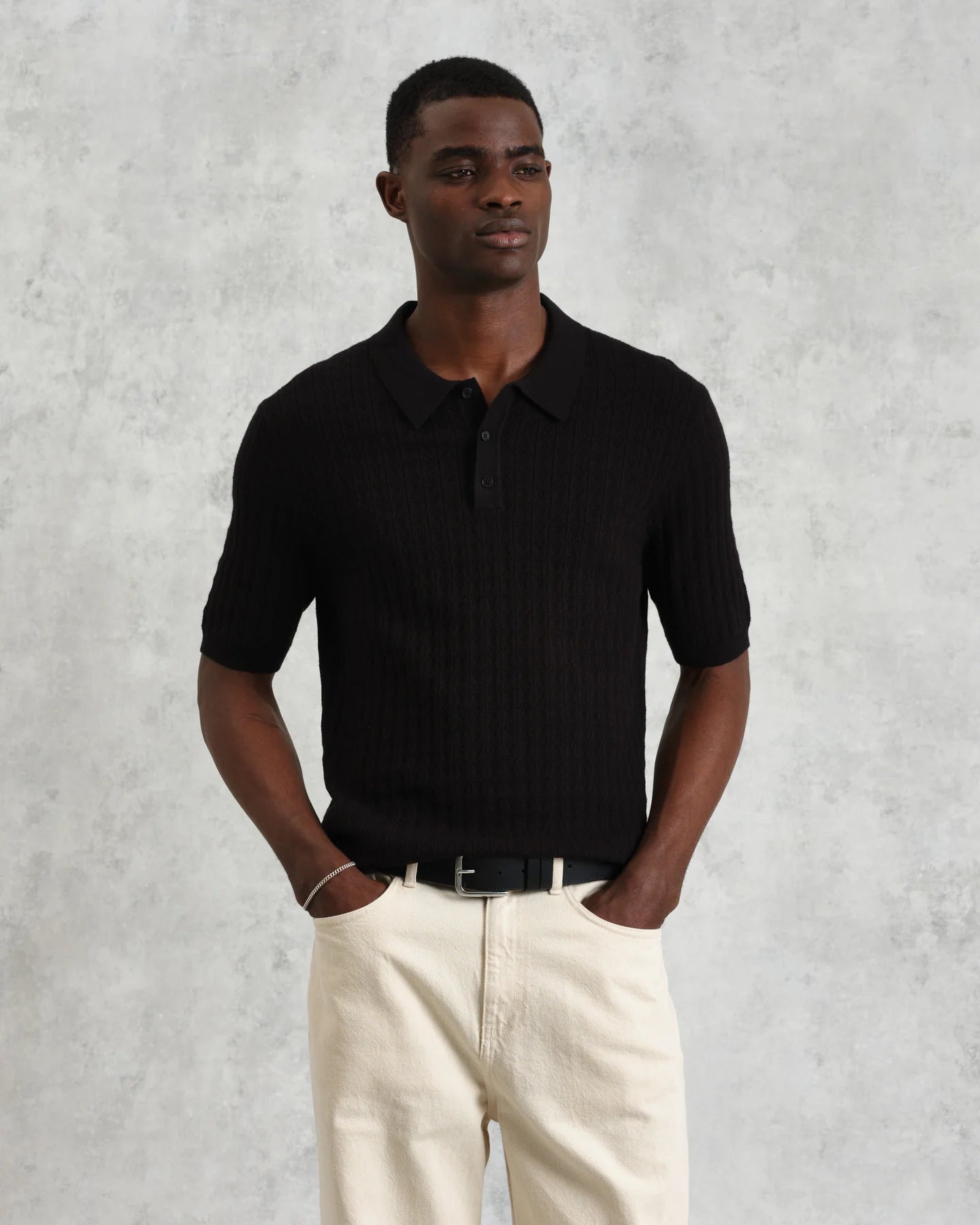 Wax London Black Naples Diamond Stripe Knitted Polo
