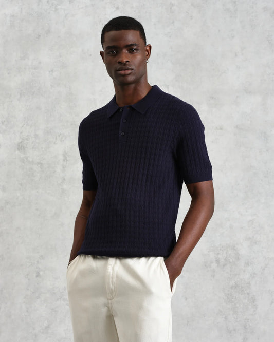 Wax London Navy Diamond Stripe Naples Knitted Polo