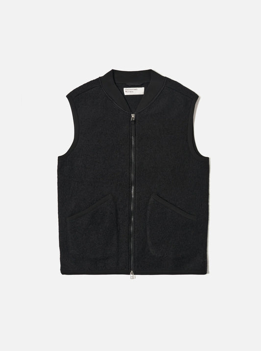 Universal Works Black Wool Fleece Zip Waistcoat