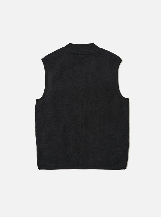 Universal Works Black Wool Fleece Zip Waistcoat