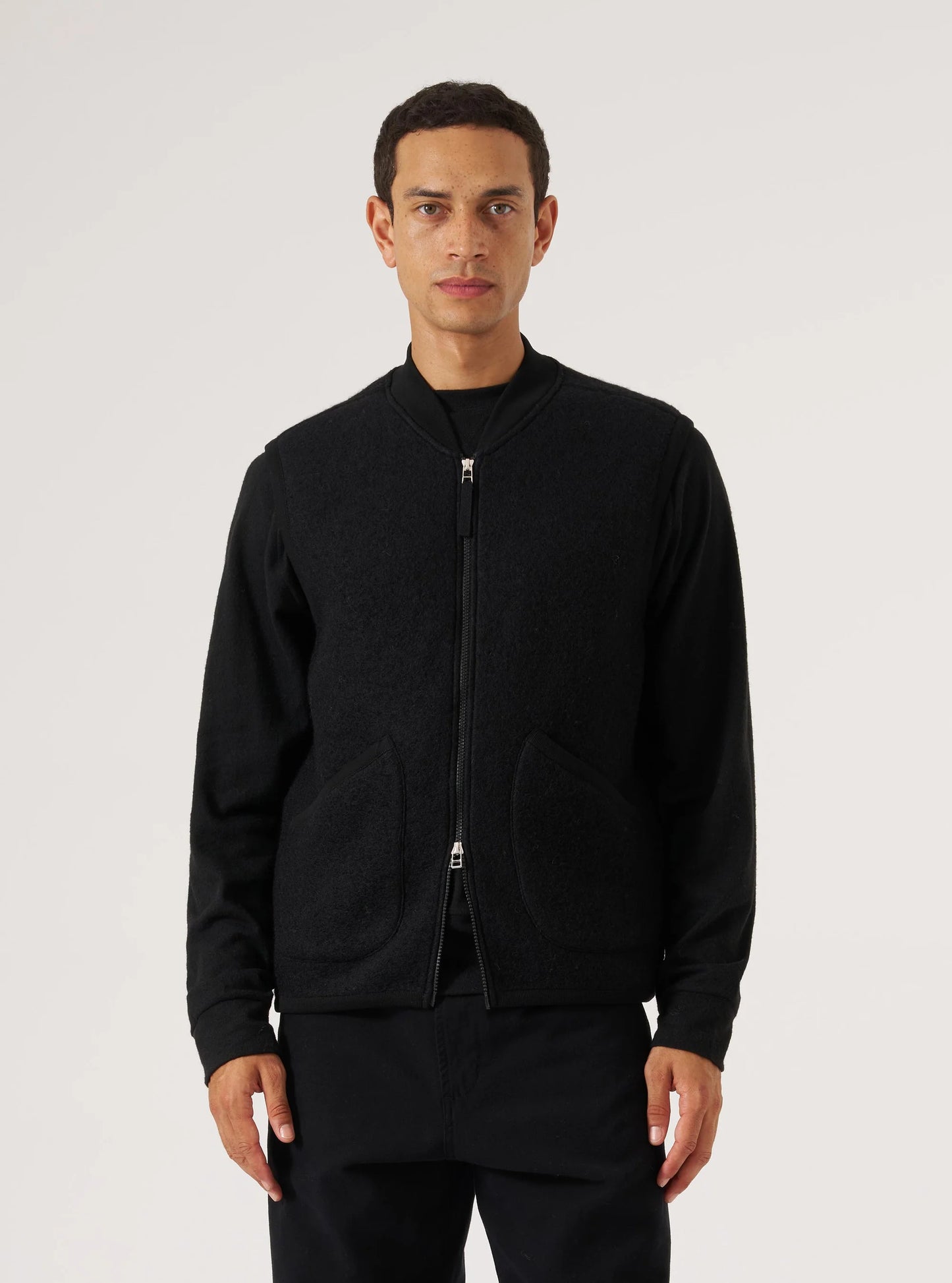 Universal Works Black Wool Fleece Zip Waistcoat