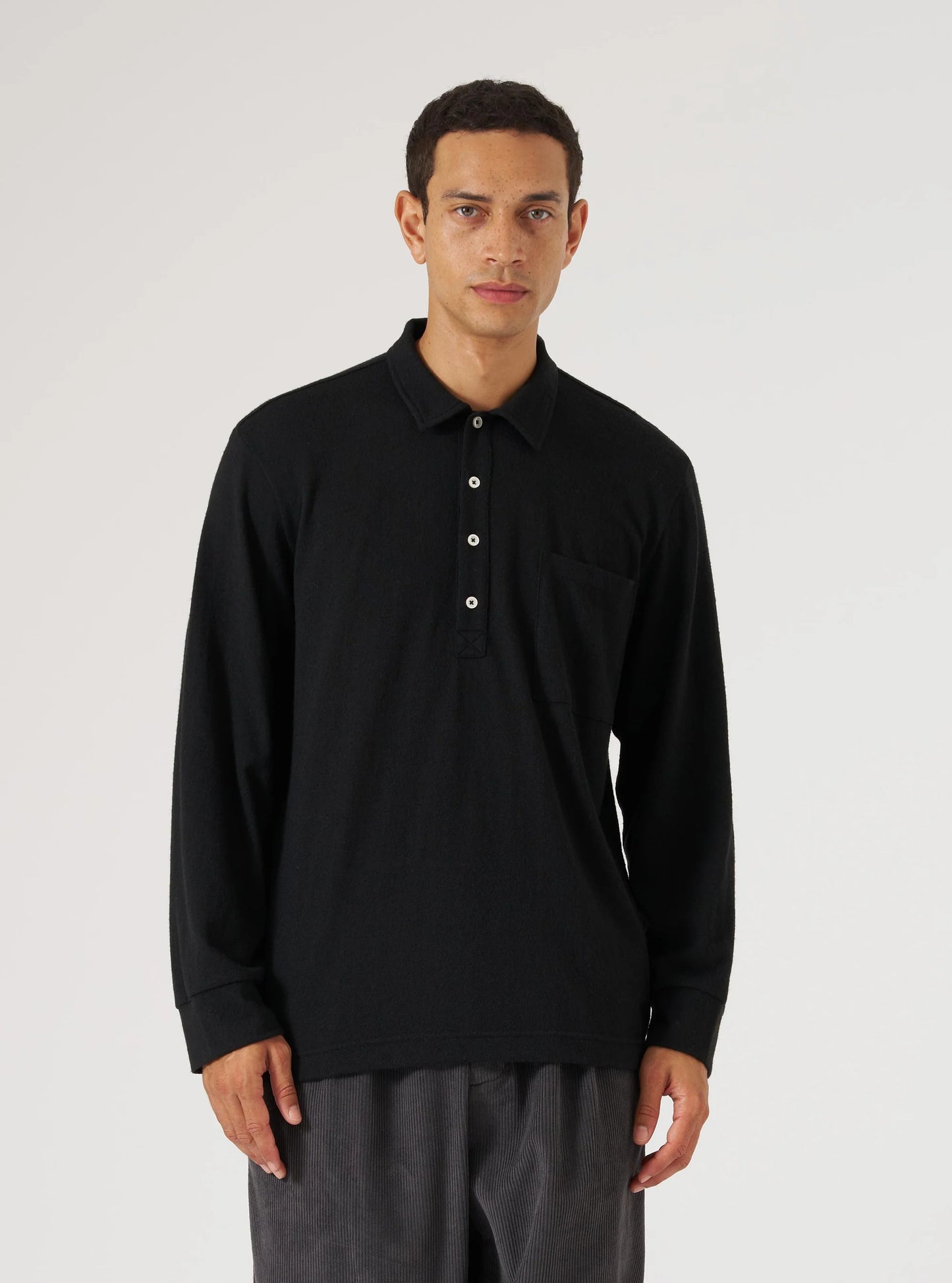 Universal Works Black Recycled Wool Mix Single Jersey Pullover L/S Shirt