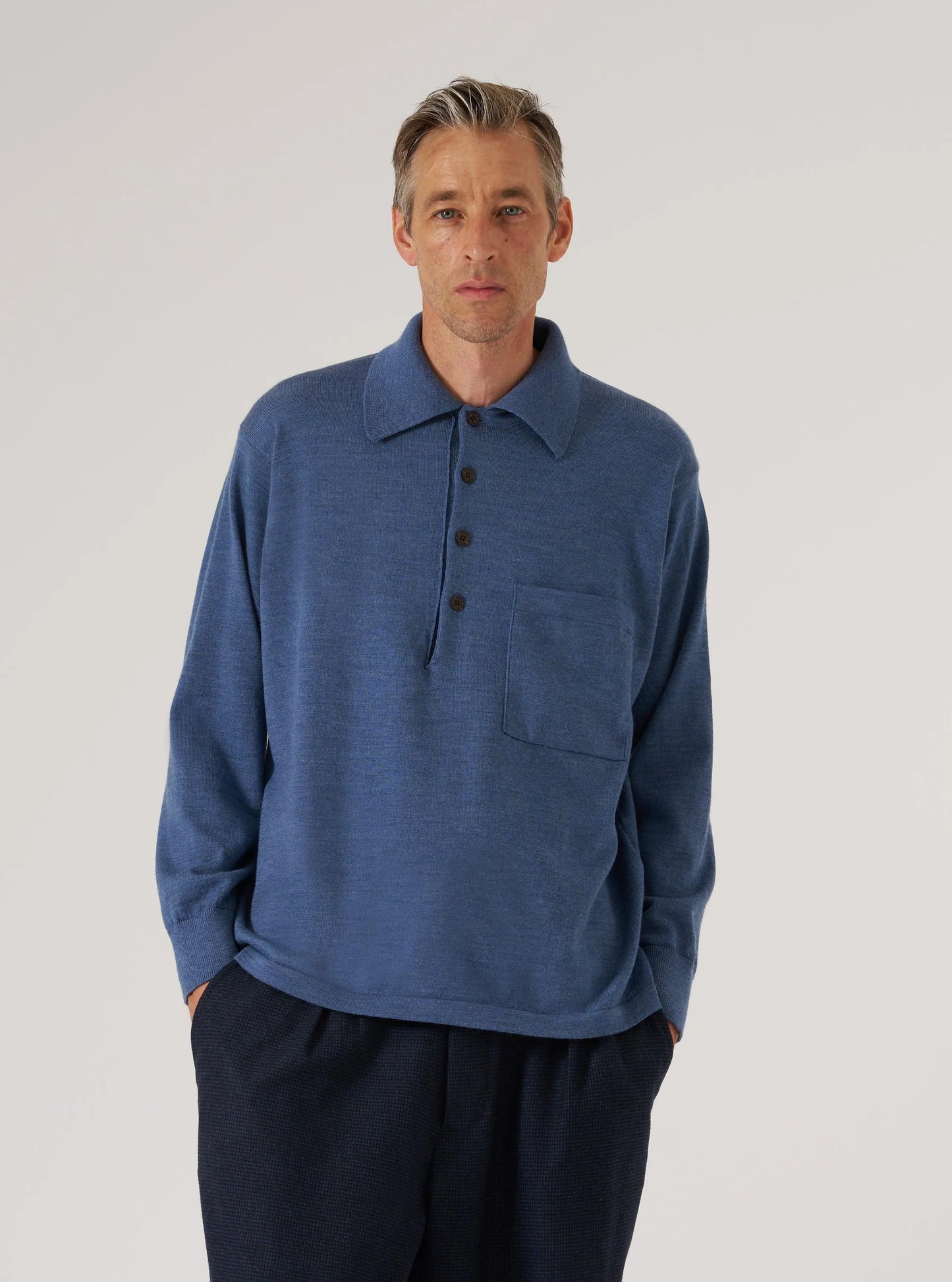 Universal Works Airforce Blue Merino L/S Pullover Knit Shirt