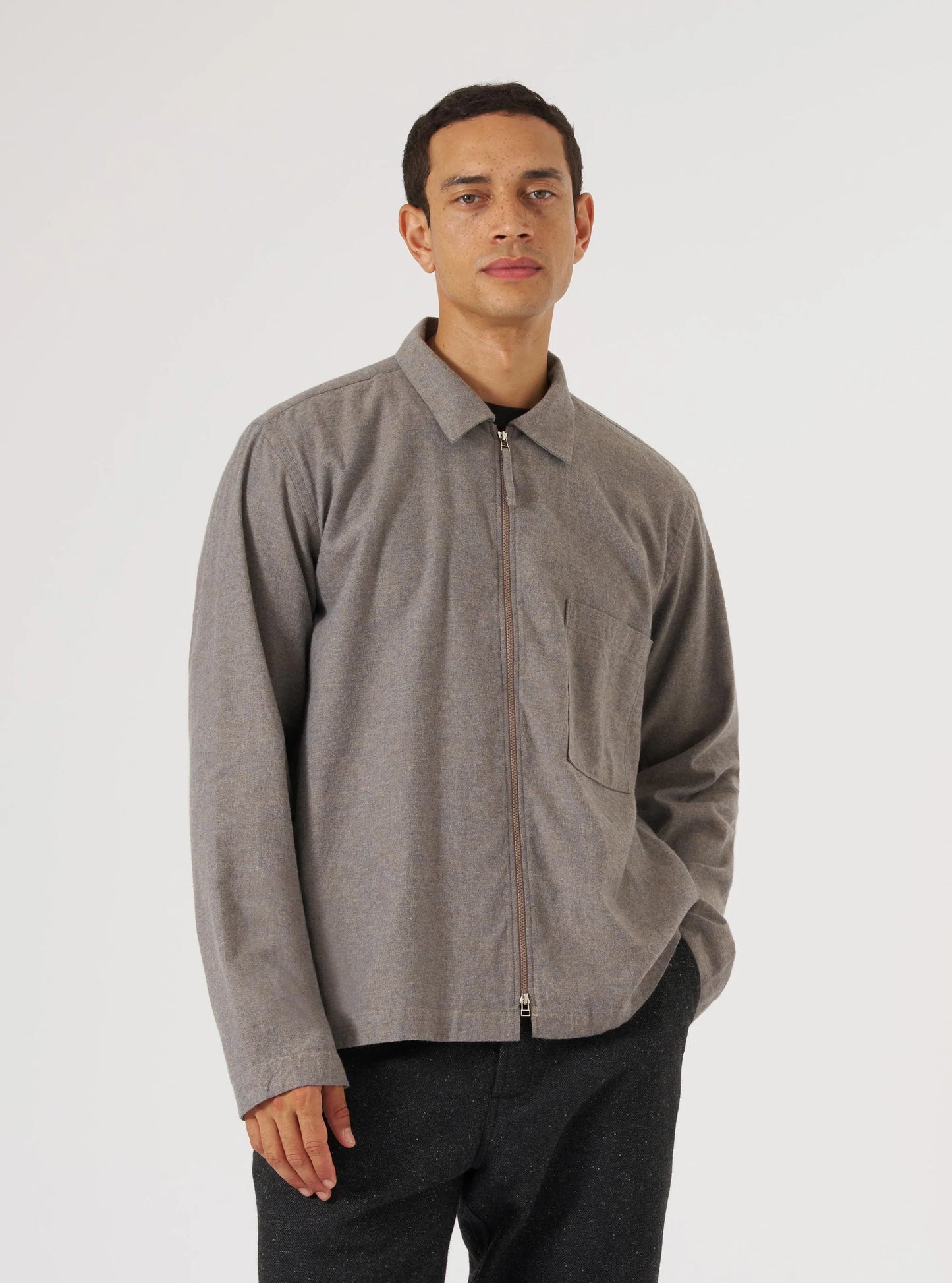 Universal Works Brown Brushed Flannel Zip Shirt