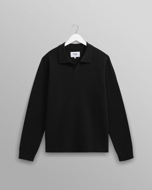 Wax London Black Carter Open Collar Milano Knit Polo