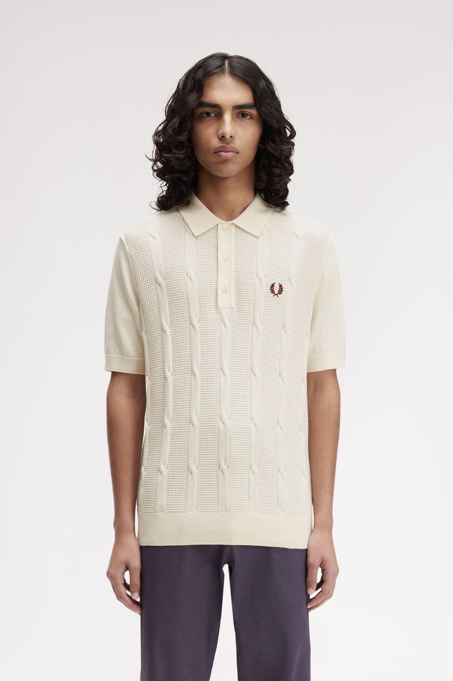 Fred Perry Ecru Textured Cable Knit Polo