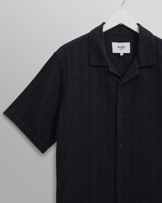 Wax London Navy Didcot Open Weave Cotton Short-Sleeve Shirt