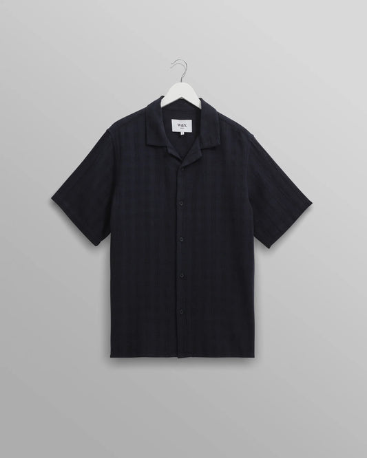 Wax London Navy Didcot Open Weave Cotton Short-Sleeve Shirt