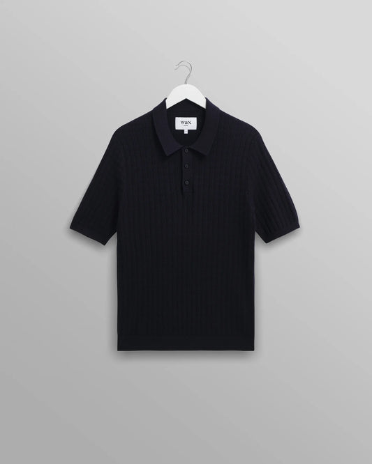 Wax London Navy Diamond Stripe Naples Knitted Polo