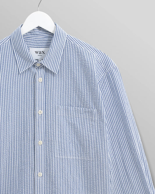 Wax London Blue Rove Striped Cotton Seersucker Shirt