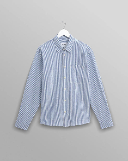 Wax London Blue Rove Striped Cotton Seersucker Shirt